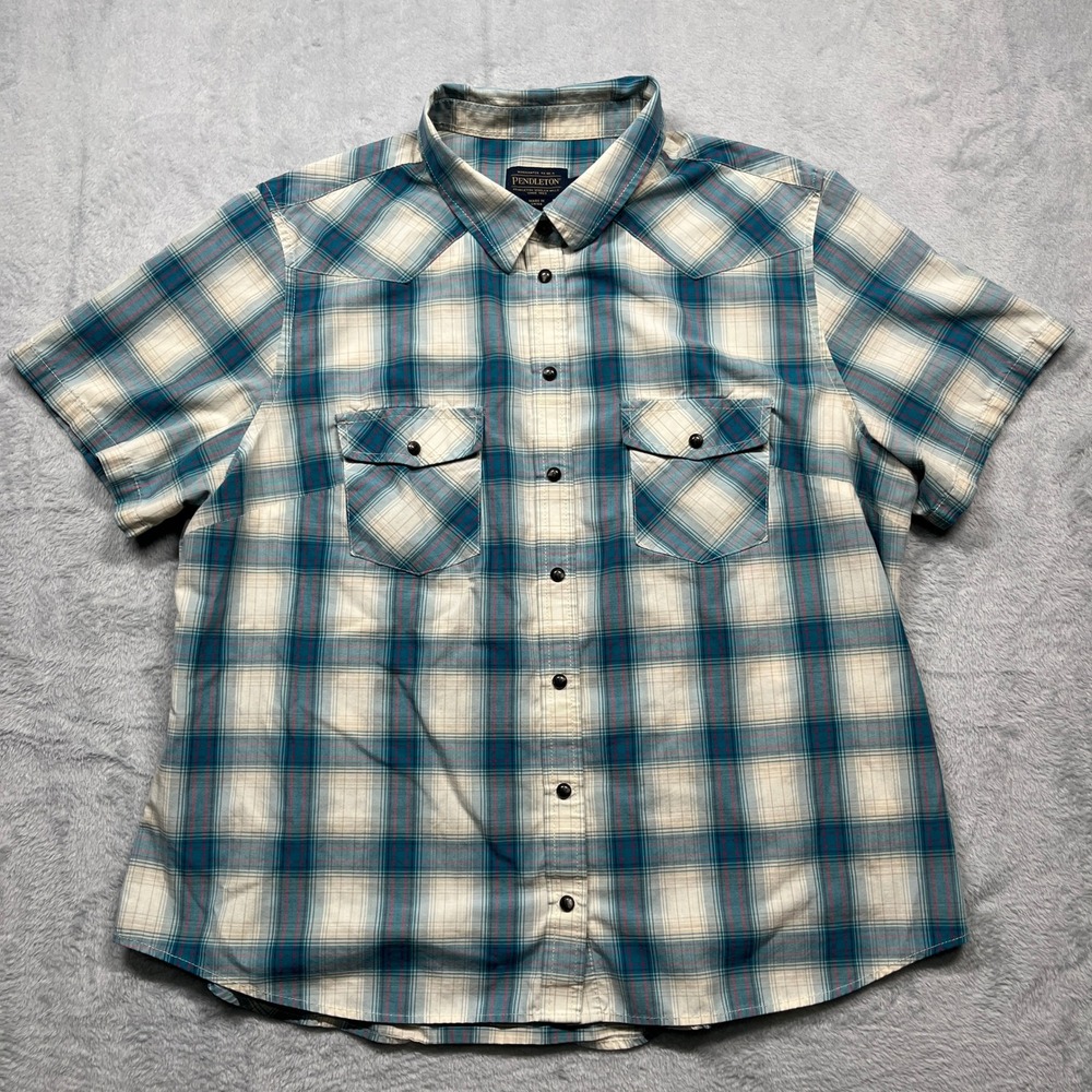 Pendleton Western Snap Shirt Women Teal Plaid Short Sleeve Yoke Pockets XL